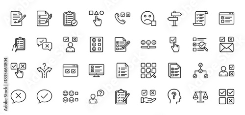 Survey and feedback line icon set. Vector pictograms of checklist, questionnaire, vote, exam, customer satisfaction, opinion, report and test, thin outline illustration.
