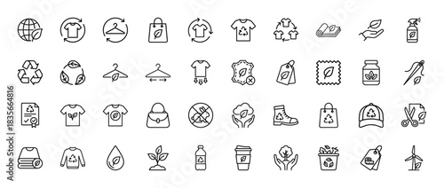 Sustainable fashion line icon set. Vector pictograms of eco clothing, recycling, organic cotton, ethical manufacturing and zero waste, thin outline illustration.