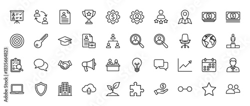 Business and human resources line icon set. Vector pictograms of key, target, trophy, handshake, and graph, thin outline illustration.