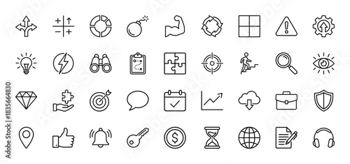 Business management line icon set. Vector pictograms of target, puzzle, lightbulb, gear, graph, briefcase, calendar, and shield, thin outline illustration.