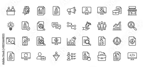 Human resources line icon set. Vector pictograms of hiring, resume, recruitment, and job search, thin outline illustration.