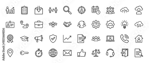 Business and human resources line icon set. Vector pictograms of recruitment, strategy, teamwork, office, finance, communication, thin outline illustration.