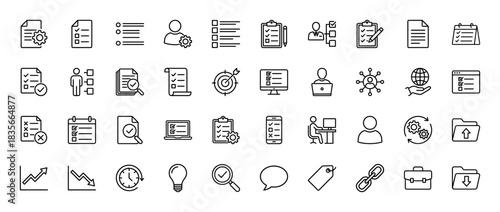 Business and productivity line icon set. vector pictograms of checklist, document, gear, chart, computer, and goal target, thin outline illustration.