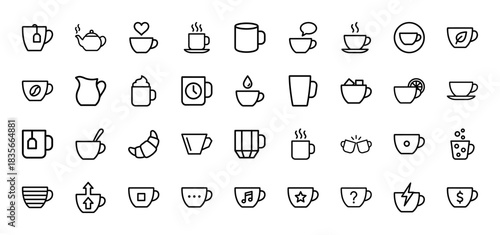 Beverage and coffee shop line icon set. Vector pictograms of various cups, mugs, and teapots, thin outline illustration.