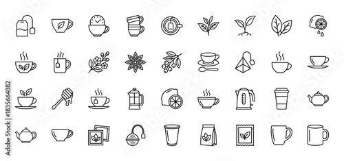 Beverage and hot drink line icon set. Vector pictograms of teacups, kettles, pots, and leaves, thin outline illustration.
