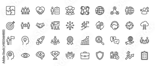 Business and management line icon set. Vector pictograms of team, handshake, target, rocket, gear, graph, trophy, lightbulb, and briefcase, thin outline illustration.