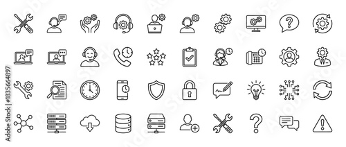 Customer support and technology line icon set. Vector pictograms of settings, service, security, and database, thin outline illustration.