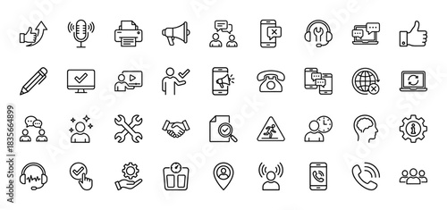Customer service and technical support line icon set. vector pictograms of microphone, phone, handshake, and monitor, thin outline illustration.
