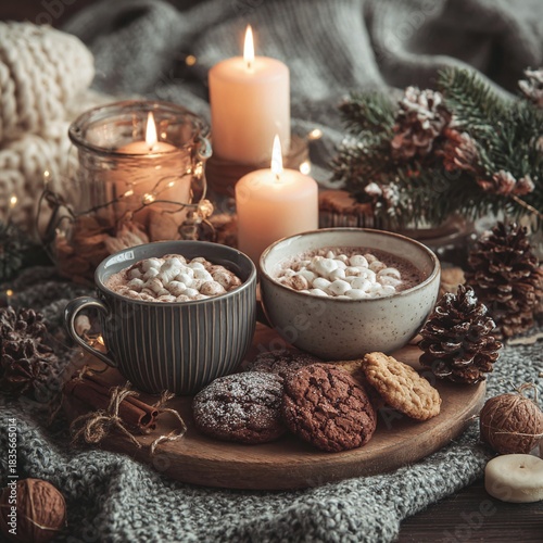 Two cups of hot chocolate with marshmallows and cookies Image