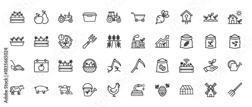 Agriculture and farming line icon set. Vector pictograms of tractor, crops, fruits, vegetables, and animals, thin outline illustration.