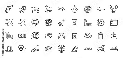 Aviation and airport line icon set. Vector pictograms of aircraft, radar, ticket, and control tower, thin outline illustration.