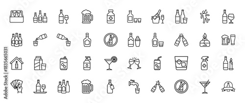 Alcohol and drink line icon set. Vector pictograms of beer, wine, whiskey, cocktail, champagne, liquor, drunk person, prohibition sign, thin outline illustration.