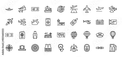 Travel and aviation line icon set. Vector pictograms of airplane, ticket, passport, luggage, and airport, thin outline illustration.