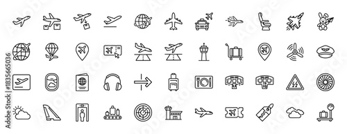 Aviation and travel line icon set. Vector pictograms of aircraft, airport, luggage, and tickets, thin outline illustration.