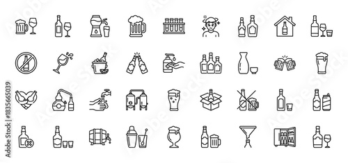 Alcohol and beverage icon set. Vector pictograms of beer mugs, wine glasses, bottles, cocktails, brewing equipment, and prohibition signs, thin outline illustration.