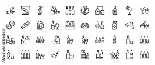 Alcohol and bar line icon set. Vector pictograms of beer, wine, cocktail, whiskey, champagne, glass, bottle, sanitizer, payment and dice, thin outline illustration.