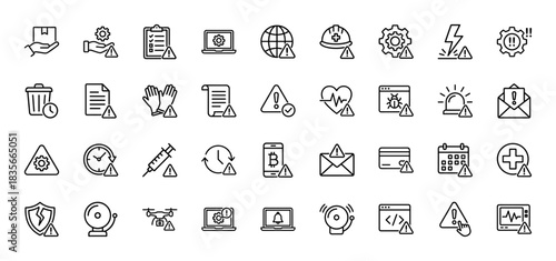 Alert and warning line icon set. Vector pictograms of siren, shield, gear, helmet, laptop, bell, envelope, syringe, triangle, bug, heart, thin outline illustration.