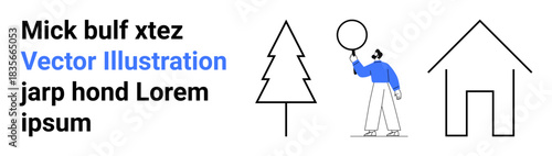 Pine tree, person holding a balloon, and a basic house illustration in clean, minimalist style. Ideal for nature, outdoor, family, childhood, community simplicity and simple landing page