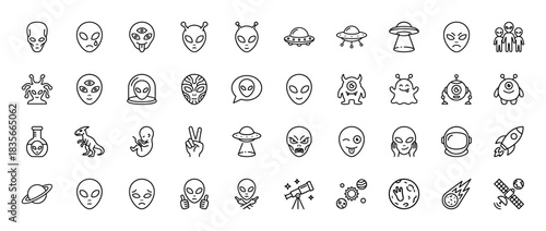 Extraterrestrial life and space exploration line icon set. Vector pictograms of aliens, ufo, planets, and astronomy elements, thin outline illustration.