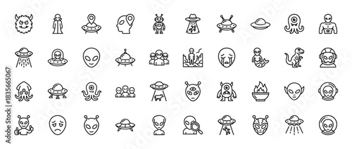 Extraterrestrial and ufo line icon set. Vector pictograms of alien head, crying face, monster, octopus, and flying saucer, thin outline illustration.
