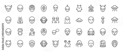 Science fiction line icon set. Vector pictograms of alien heads, ufo, robot, and monster creatures, thin outline illustration.