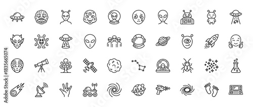 Space and alien line icon set. Vector pictograms of ufo, astronaut, planet, rocket, telescope, and monster, thin outline illustration.