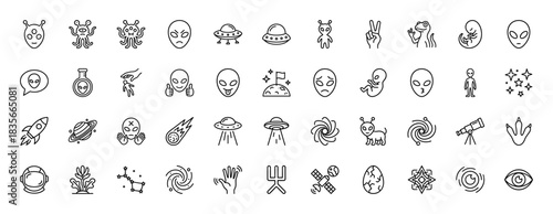 Space and extraterrestrial icon set. vector pictograms of aliens, ufo, rocket, and astronomy objects, thin outline illustration.