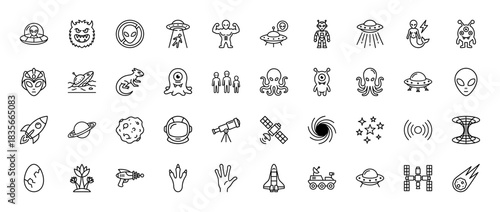 Science fiction and space exploration line icon set. Vector pictograms of aliens, ufos, planets, and astronauts, thin outline illustration.