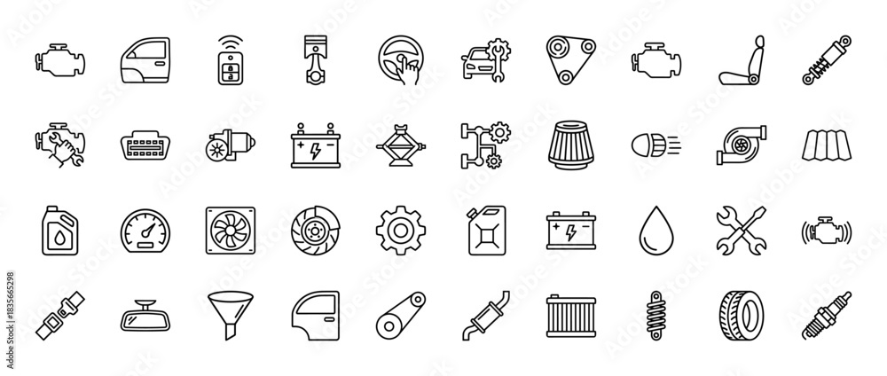 Fototapeta premium Automotive parts and repair line icon set. vector pictograms of car engine, wheel, battery, steering wheel, and shock absorber, thin outline illustration.