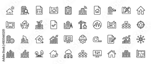 Architecture and construction line icon set. Vector pictograms of building, blueprint, tools, and real estate management, thin outline illustration.