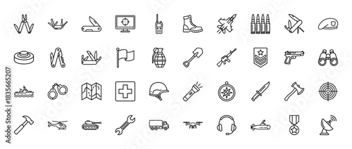 Military and army line icon set. Vector pictograms of knife, compass, binoculars, boots, aircraft, tank, and grenade, thin outline illustration.