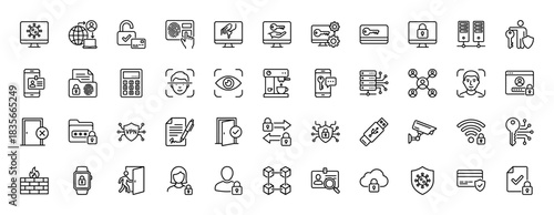 Cyber security line icon set. Vector pictograms of fingerprint, access key, firewall, and authentication, thin outline illustration.