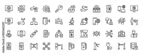 Security and access line icon set. Vector pictograms of key, lock, server, robot, smartphone, and database, thin outline illustration.