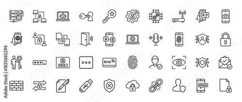 Cybersecurity line icon set. Vector pictograms of padlock, key, firewall, fingerprint, and shield, thin outline illustration.