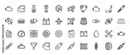 Automotive parts and repair line icon set. vector pictograms of car engine, wheel, battery, steering wheel, and shock absorber, thin outline illustration.