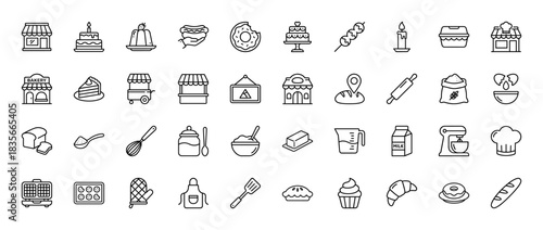 Bakery and patisserie line icon set. Vector pictograms of store, cake, bread, ingredients, and tools, thin outline illustration.