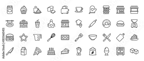Bakery and cooking line icon set. Vector pictograms of bread, muffin, donut, oven, and kitchen tools, thin outline illustration.
