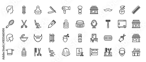 Barbershop line icon set. Vector pictograms of haircut tools, male face, razor, comb, and shop storefront, thin outline illustration.
