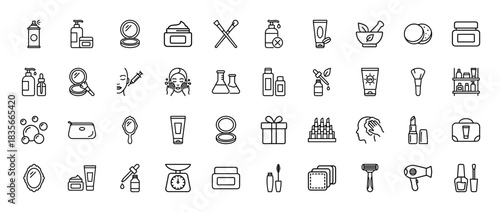 Cosmetics and beauty line icon set. Vector pictograms of makeup, skincare, and hygiene products, thin outline illustration.