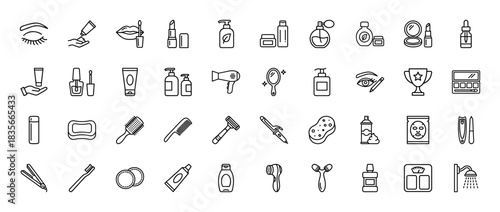 Beauty and self-care line icon set. Vector pictograms of cosmetics, makeup, skincare, and grooming tools, thin outline illustration.