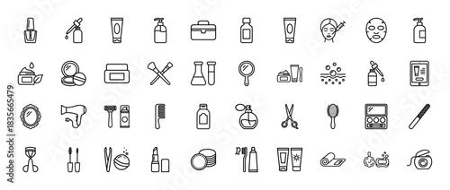 Beauty and cosmetic line icon set. vector pictograms of lipstick, mascara, perfume, skincare cream, and makeup tools, thin outline illustration.