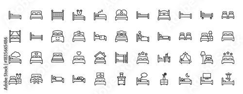 Bedroom furniture and sleeping activities line icon set. Vector pictograms of single, double, canopy beds, and nightstands, thin outline illustration.