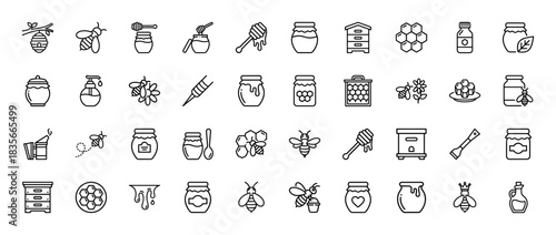 Beekeeping and honey line icon set. Vector pictograms of jar, bee, honeycomb, dipper, and hive, thin outline illustration.