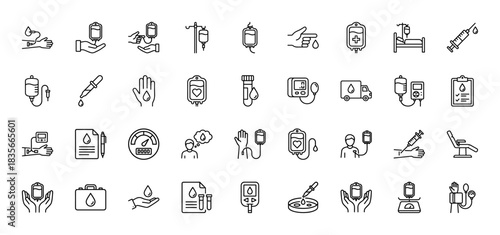 Medical donation and blood analysis line icon set. vector pictograms of transfusion bag, syringe, dropper, and blood pressure monitor, thin outline illustration.
