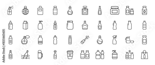 Packaging and beverage bottle line icon set. Vector pictograms of jar, perfume, thermos, milk carton, and spray container, thin outline illustration.