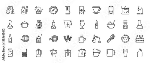 Brewing and coffee line icon set. Vector pictograms of glassware, barley, grinder, kettle, and beer bottle, thin outline illustration.