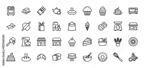 Baking and pastry line icon set. Vector pictograms of oven, cake, bread, flour, scale, and whisk, thin outline illustration.
