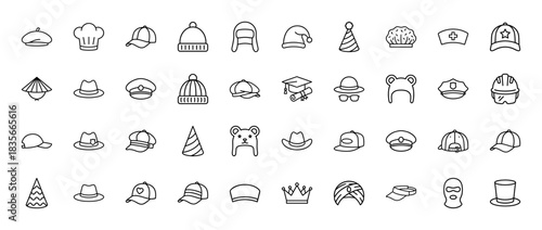 Apparel and accessory line icon set. Vector pictograms of various headwear, including caps, hats, bonnets, and crowns, thin outline illustration.