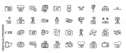 Photography and videography line icon set. Vector pictograms of camera, drone, lens, and accessories, thin outline illustration.