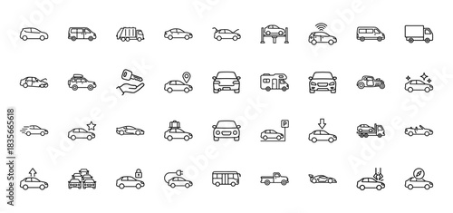 Transportation line icon set. Vector pictograms of sedan, truck, pickup, delivery van, and car repair, thin outline illustration.